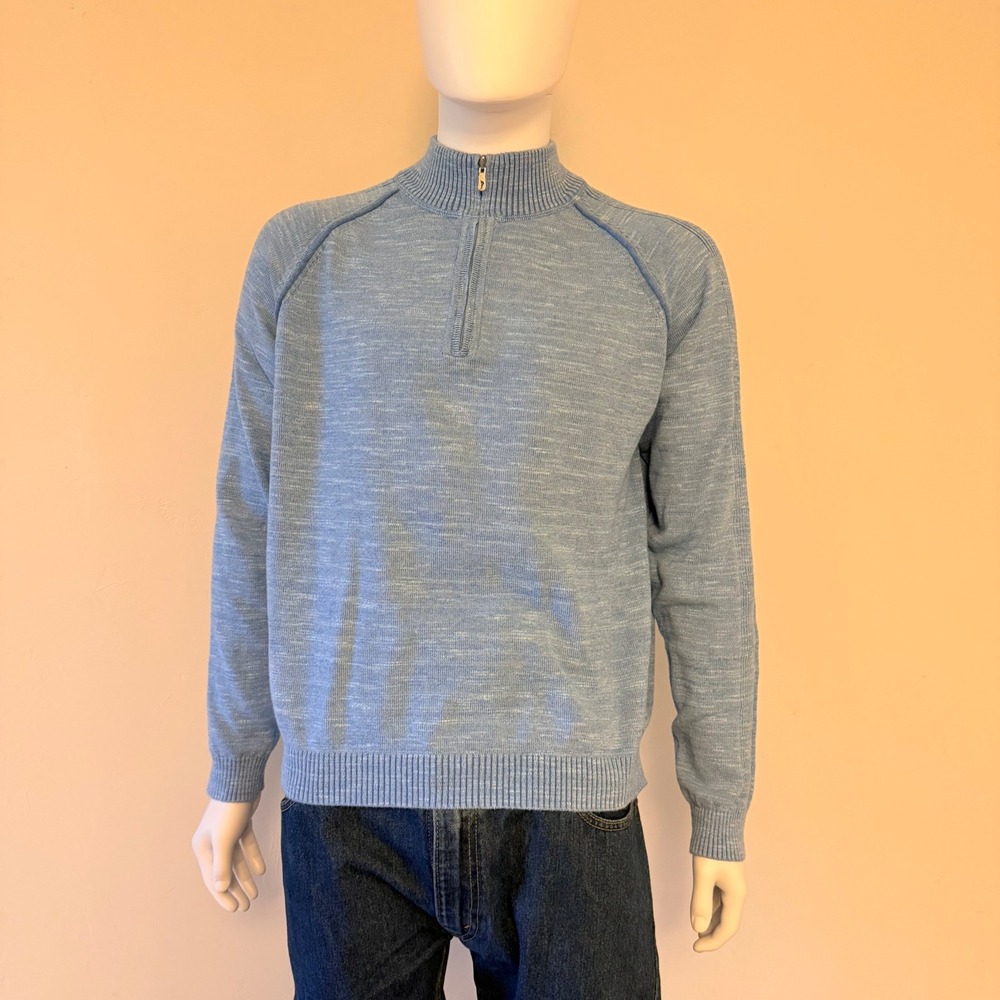 Tommy Bahama Mens Light Blue Heathered 100% Cotton Quarter-Zip Sweater Size L